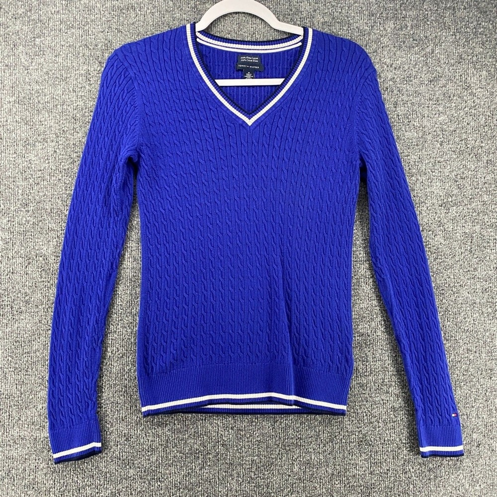 Tommy Hilfiger Sweater Womens M Blue V-Neck Pullover Academia Preppy Old Money